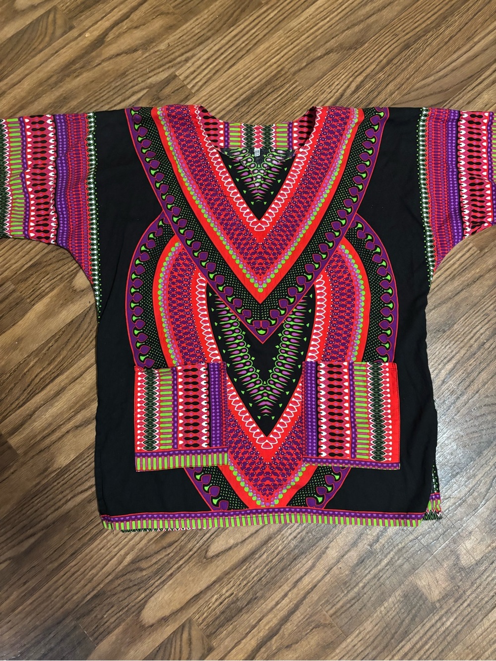 Vibrant Black Dashiki Top with Pink, Red & Green Tribal Print* Small * Oversized